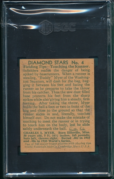 1934-36 Diamond Stars #4 Buddy Myer SGC 4 *1934*