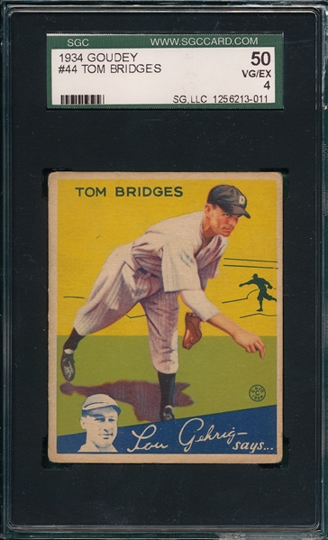 1934 Goudey #44 Tom Bridges SGC 50