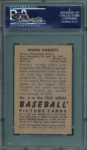 1952 Bowman #4 Robin Roberts PSA 4.5