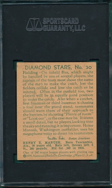 1934-36 Diamond Stars #30 Heinie Manush SGC 3 W On Sleeve