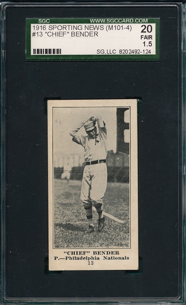 1916 M101-4 #13 Chief Bender Sporting News SGC 20