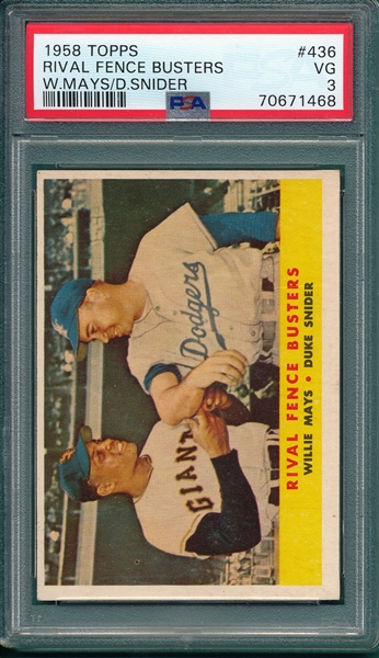 1958 Topps #436 Rival Fence Busters W/ Snider & Mays, PSA 3