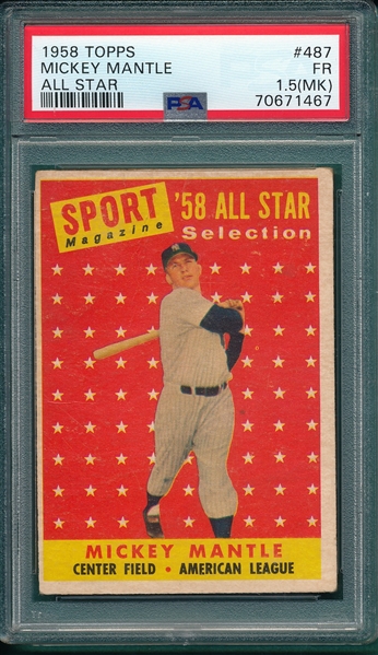 1958 Topps #487 Mickey Mantle, All Star, PSA 1.5 (MK)