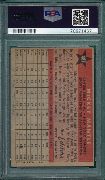 1958 Topps #487 Mickey Mantle, All Star, PSA 1.5 (MK)