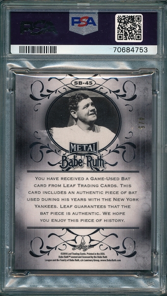 2019 Leaf Metal #SB45 Babe Ruth, Game Used Bat, Black, PSA 8