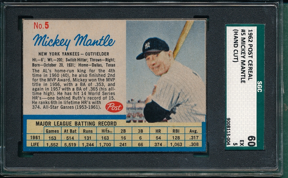 1962 Post Cereal #5 Mickey Mantle SGC 60
