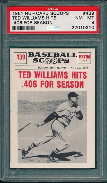 1961 Nu-Card Scoops #439 Ted Williams Hits .406, PSA 8