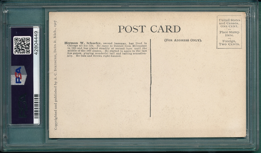 1907 Dietsche Post Cards, Schaefer, Tigers, PSA 4