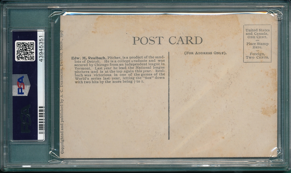1907 Dietsche Post Cards, Reulbach, Cubs, PSA 3