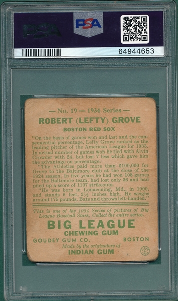 1934 Goudey #19 Lefty Grove PSA 1