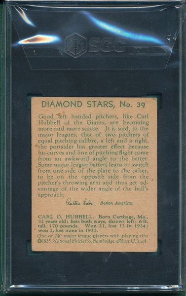 1934-36 Diamond Stars #39 Carl Hubbell SGC 3