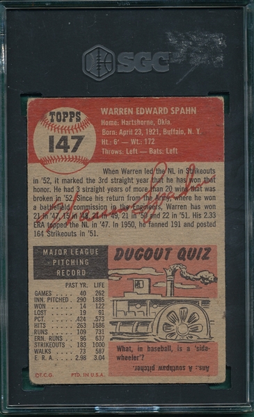 1953 Topps #147 Warren Spahn SGC 2