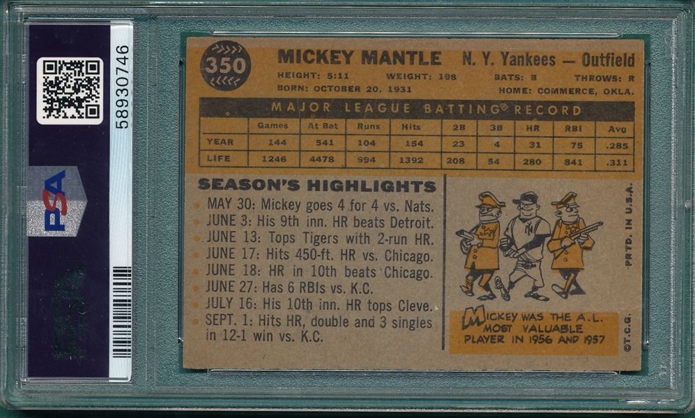 1960 Topps #350 Mickey Mantle PSA 3