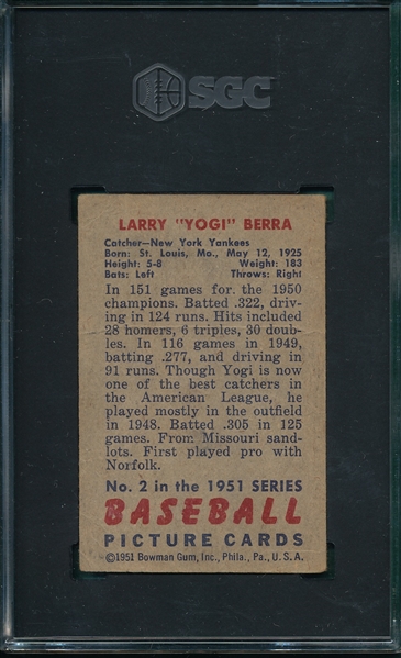 1951 Bowman #2 Yogi Berra SGC 1