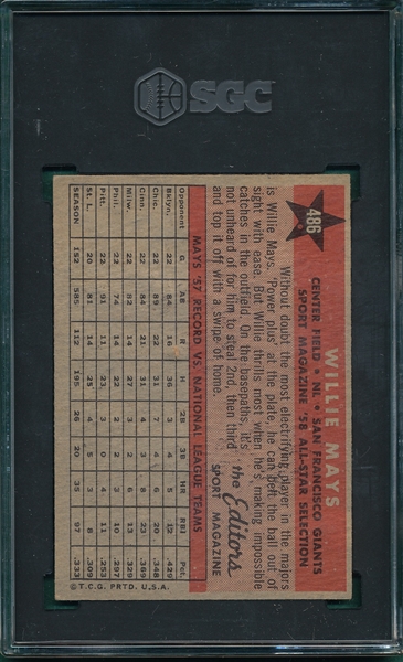 1958 Topps #486 Willie Mays, AS, SGC 4