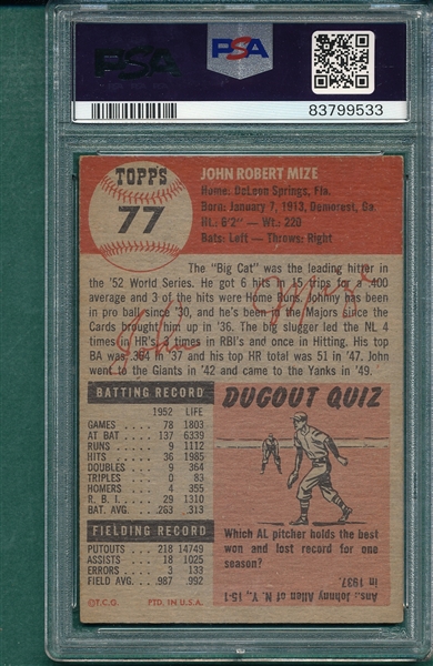 1953 Topps #77 John Mize PSA 4
