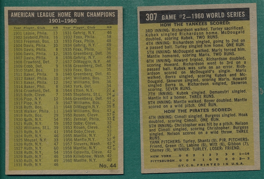 1961 Topps #44 AL HR Leaders & #307 WS Game #2, Lot of (2) W/ Mickey Mantle