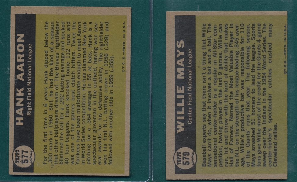 1961 Topps #577 Aaron, AS & #579 Mays, AS, Lot of (2)