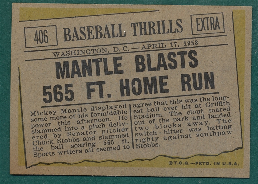1961 Topps #406 Mantle Blasts HR