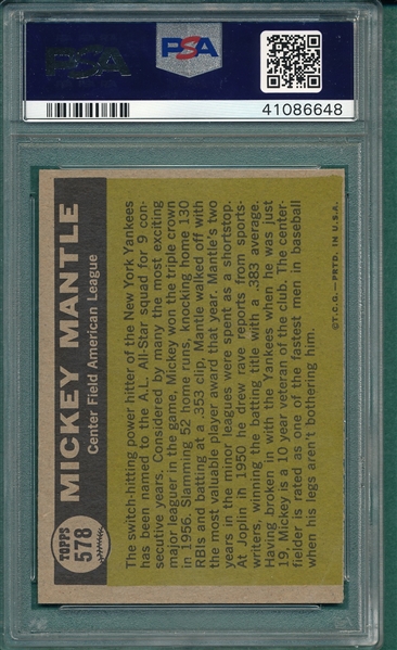 1961 Topps #578 Mickey Mantle, AS, PSA 6 *Hi #*