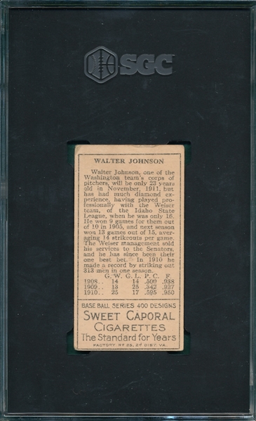 1911 T205 Walter Johnson Sweet Caporal Cigarettes SGC 4.5