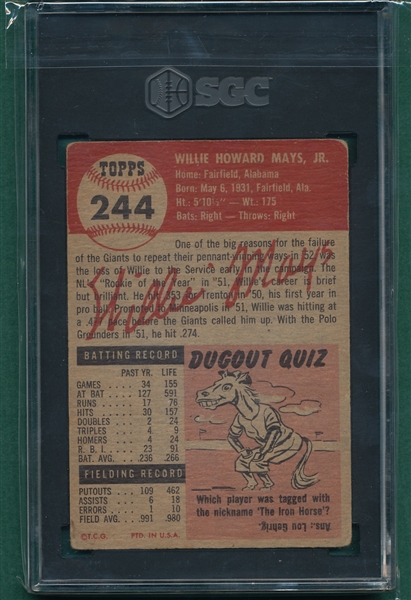 1953 Topps #244 Willie Mays SGC 1 *Hi #*