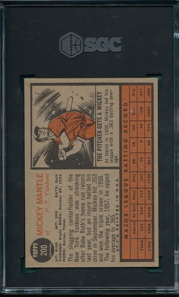 1962 Topps #200 Mickey Mantle SGC 6