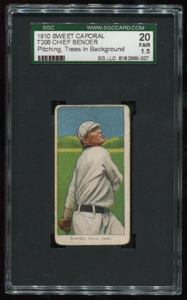 1909-11 T206 Sweet Caporal Chief Bender Pitching, Trees In Back SGC 20