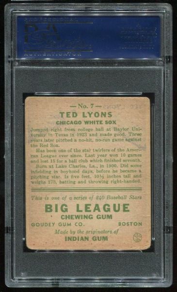 1933 Goudey #7 Ted Lyons PSA 2