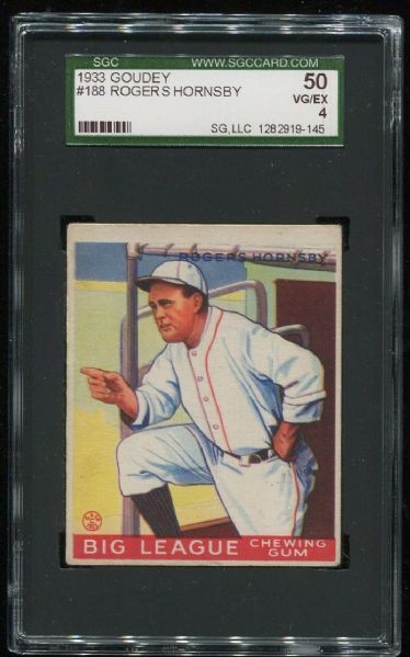1933 Goudey #188 Rogers Hornsby SGC 50