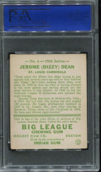 1934 Goudey #6 Dizzy Dean PSA 2