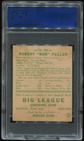 1938 Goudey 288 Bob Feller PSA 2