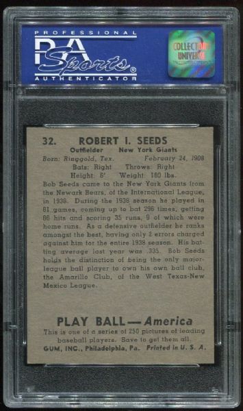 1939 Play Ball #32 Robert I. Seeds PSA 7