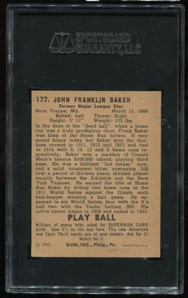 1940 Play Ball #177 Home Run Baker Superman Back SGC 80