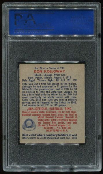 1949 Bowman 28 Don Kolloway PSA 8
