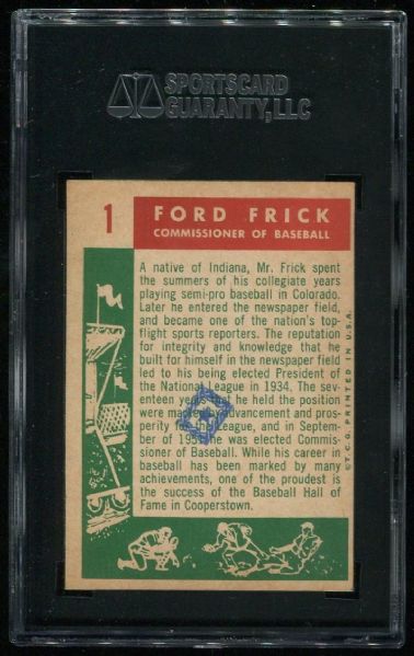 1959 Topps #1 Ford Frick SGC 20 With Topps Vending Stamp On Reverse