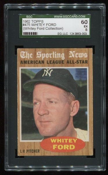 1962 Topps #475 Whitey Ford AS From Ford's Personal Collection SGC 60