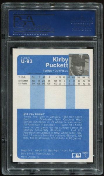 1984 Fleer Update #U-93 Kirby Puckett PSA 9