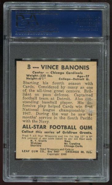 1948 Leaf #8 Vince Banonis Black Name On Front PSA 7