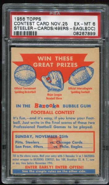 1956 Topps Contest Card Nov. 25 Steeler-Cards / 49Ers-Eagles PSA 6 OC
