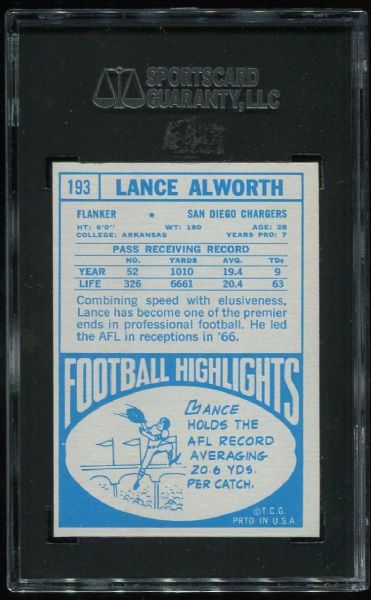 1968 Topps #193 Lance Alworth SGC 86