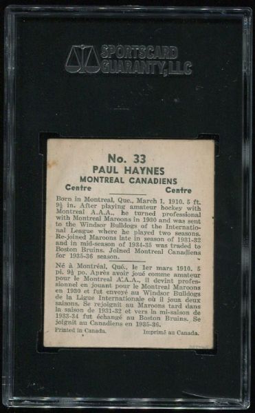 1936-37 World Wide Gum Co. #33 Paul Haynes SGC 60