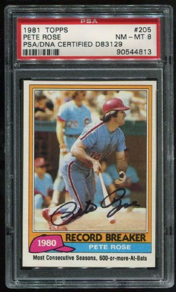 1981 Topps #205 Pete Rose Autographed PSA/DNA 8