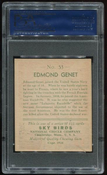1934 National Chicle Sky Birds 53 Edmond Genet PSA 7.5