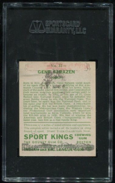 1933 Sport Kings Gum #22 Gene Sarazen SGC 60