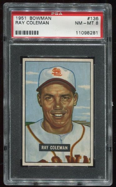 1951 Bowman #136 Ray Coleman PSA 8