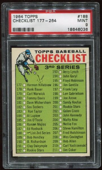 1964 Topps #188 Checklist Third Series PSA 9