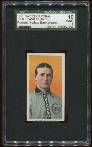 1909-11 T206 Sweet Caporal Frank Chance Portrait, Yellow  SGC 10 Looks NM