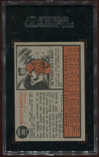 1962 Topps #200 Mickey Mantle SGC 80