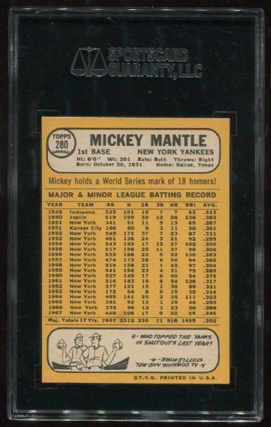 1968 Topps #280 Mickey Mantle SGC 70